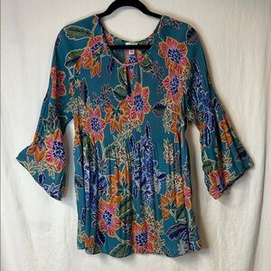 Spense Women’s Teal Floral  Tunic Blouse with Bell Sleeves Size L